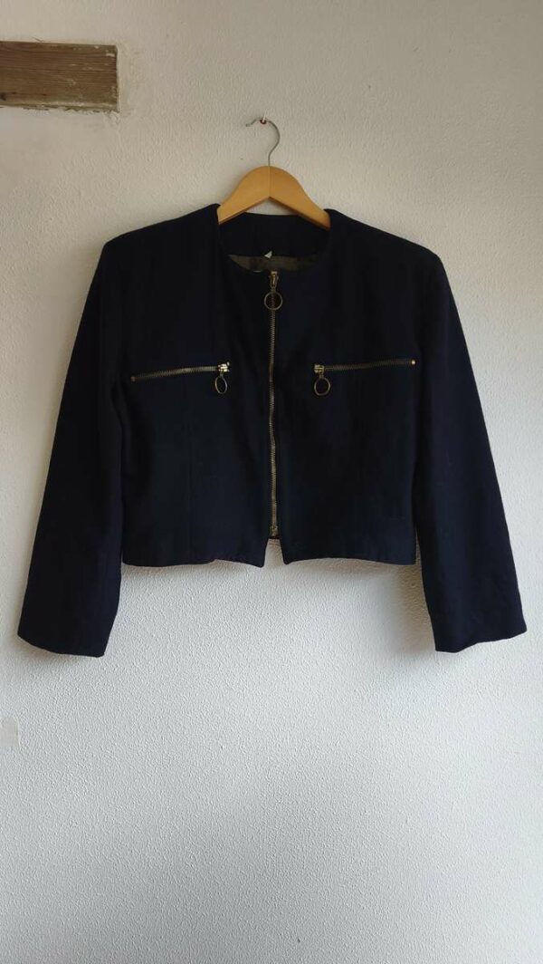 Veste courte vintage bleu marine en laine épaisse – Zips dorés