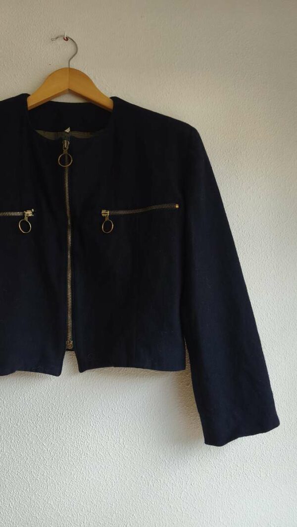 Veste courte vintage bleu marine en laine épaisse – Zips dorés