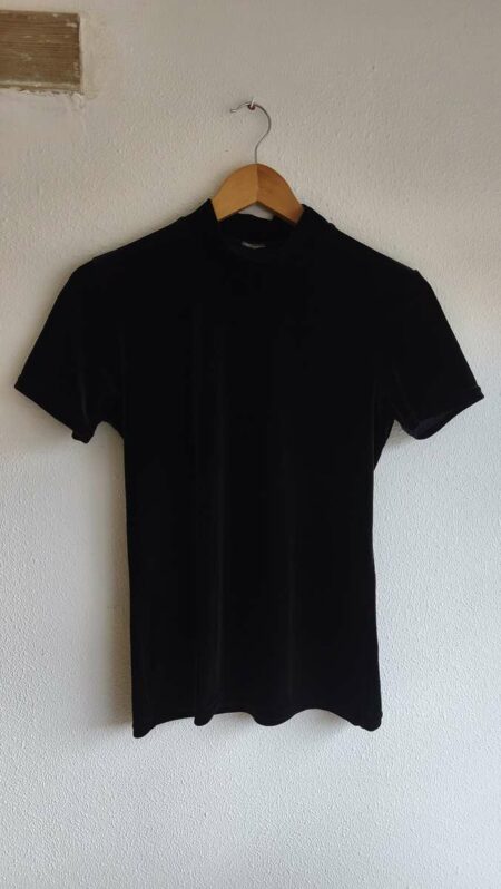 Top vintage noir en velours à col montant – Taille 38
