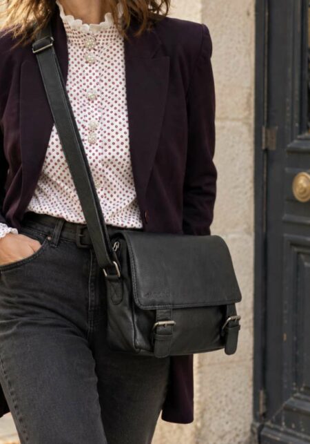 Sac besace en cuir véritable noir – Bandoulière – 31 × 25 cm