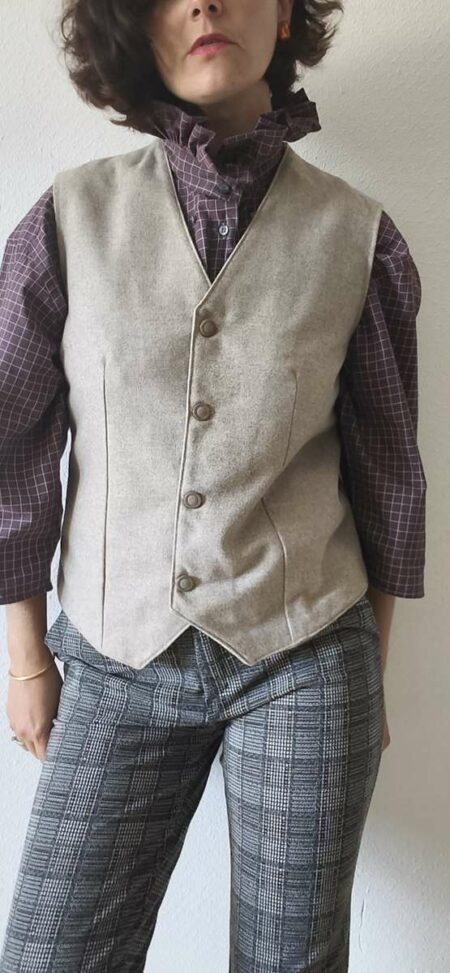 Gilet sans manches femme en laine beige – Dos patchwork – Taille 42