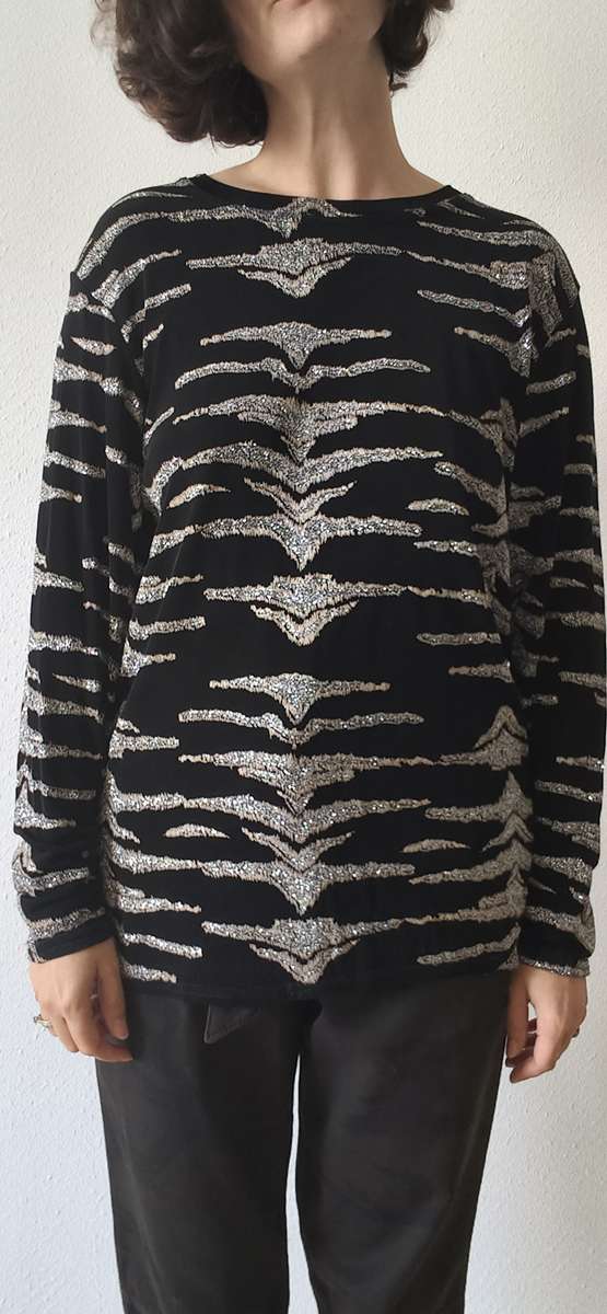 Top vintage années 80 noir à motifs métallisés – Taille 42 à 46