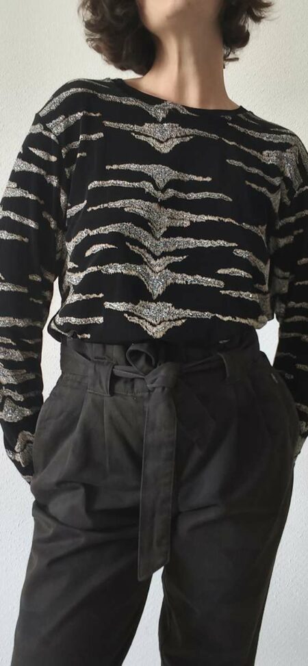 Top vintage années 80 noir à motifs métallisés – Taille 42 à 46