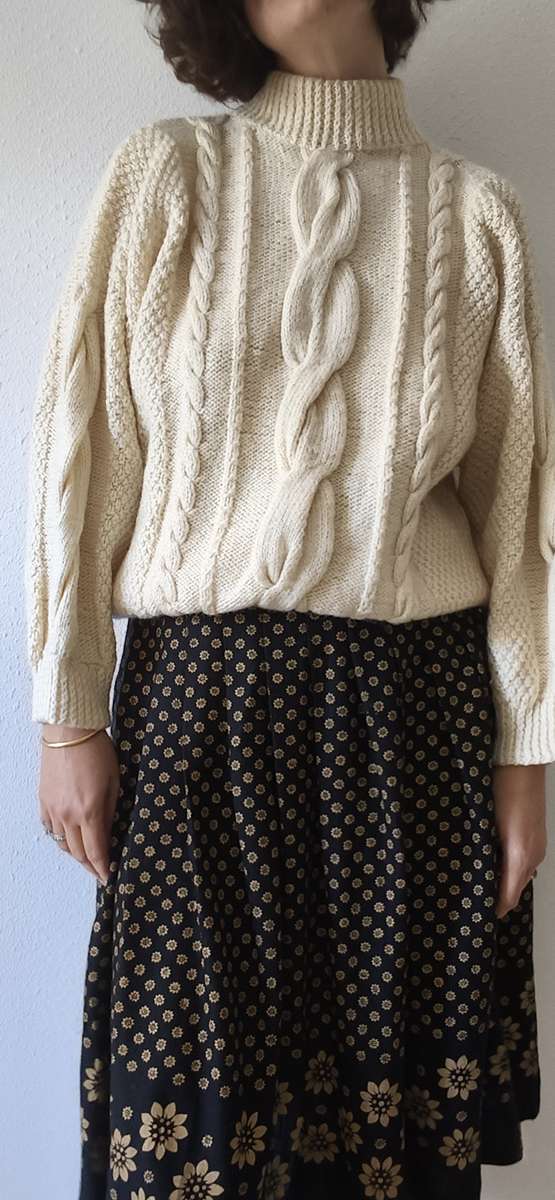Pull irlandais vintage en laine écrue à grosses torsades – Taille 38/40
