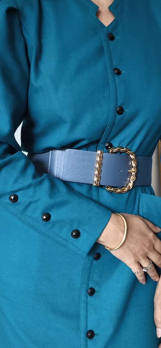 Robe vintage bleu canard en laine – Taille 40 – Fabriquée en France