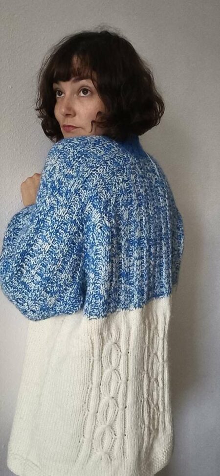 Pull vintage oversize en grosse maille bleu et blanc – Taille 42
