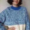 Pull vintage oversize en grosse maille bleu et blanc – Taille 42