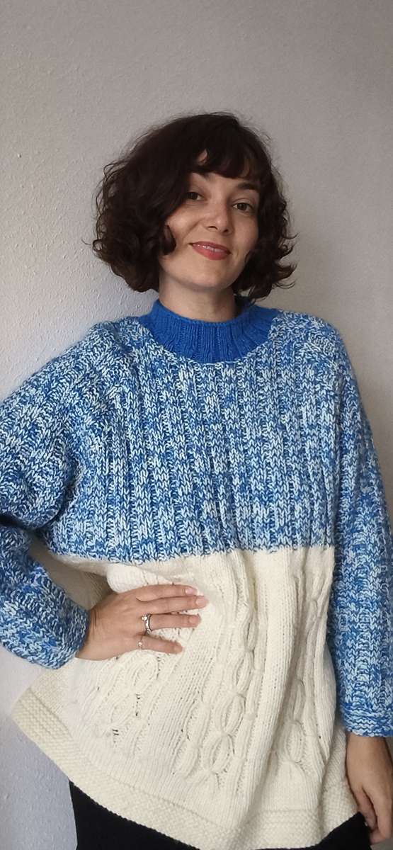 Pull vintage oversize en grosse maille bleu et blanc – Taille 42