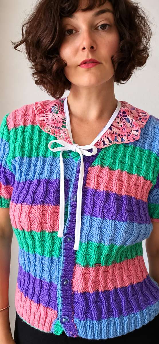 Cardigan vintage en maille torsadée multicolore – Taille M/L